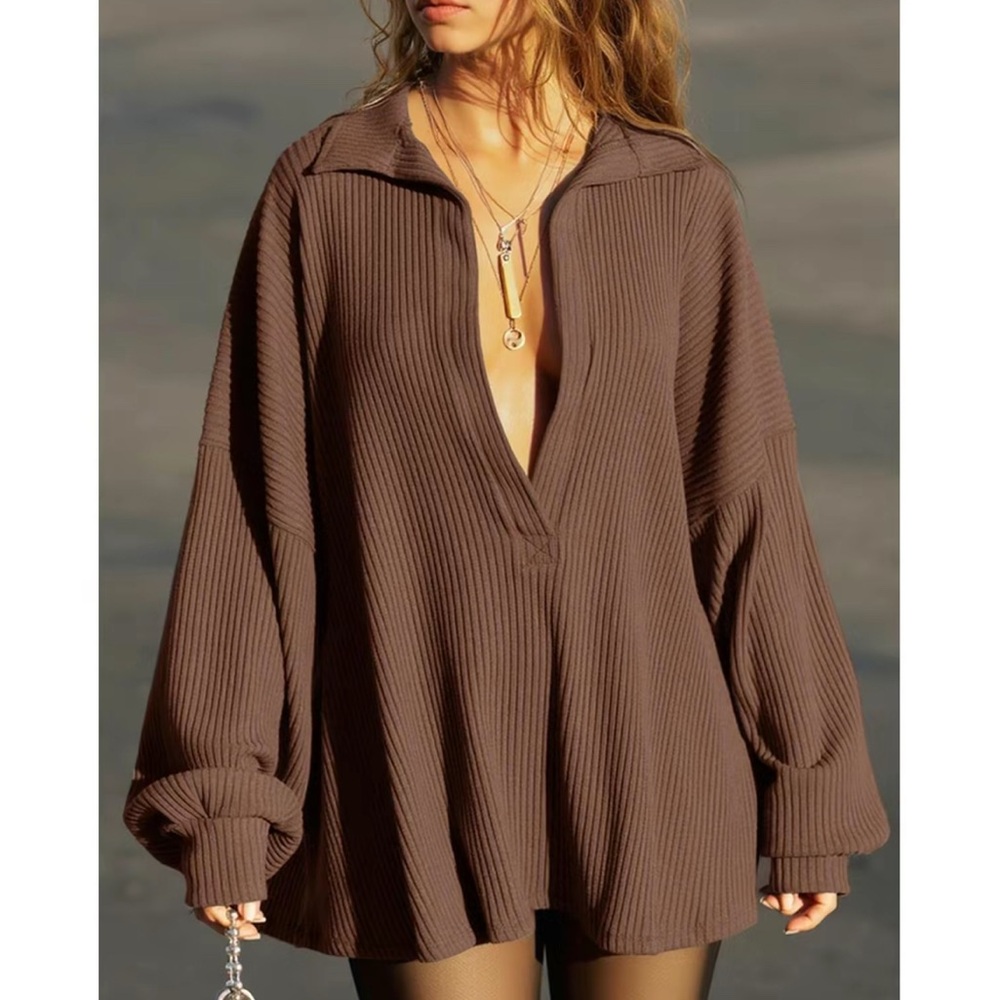 Brown Ribbed V-Neck Long Sleeve Top